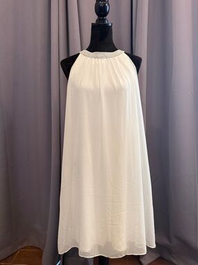 MARINA White Flowing Beaded Halter Dress. White liner w/ flowy chiffon overlay.